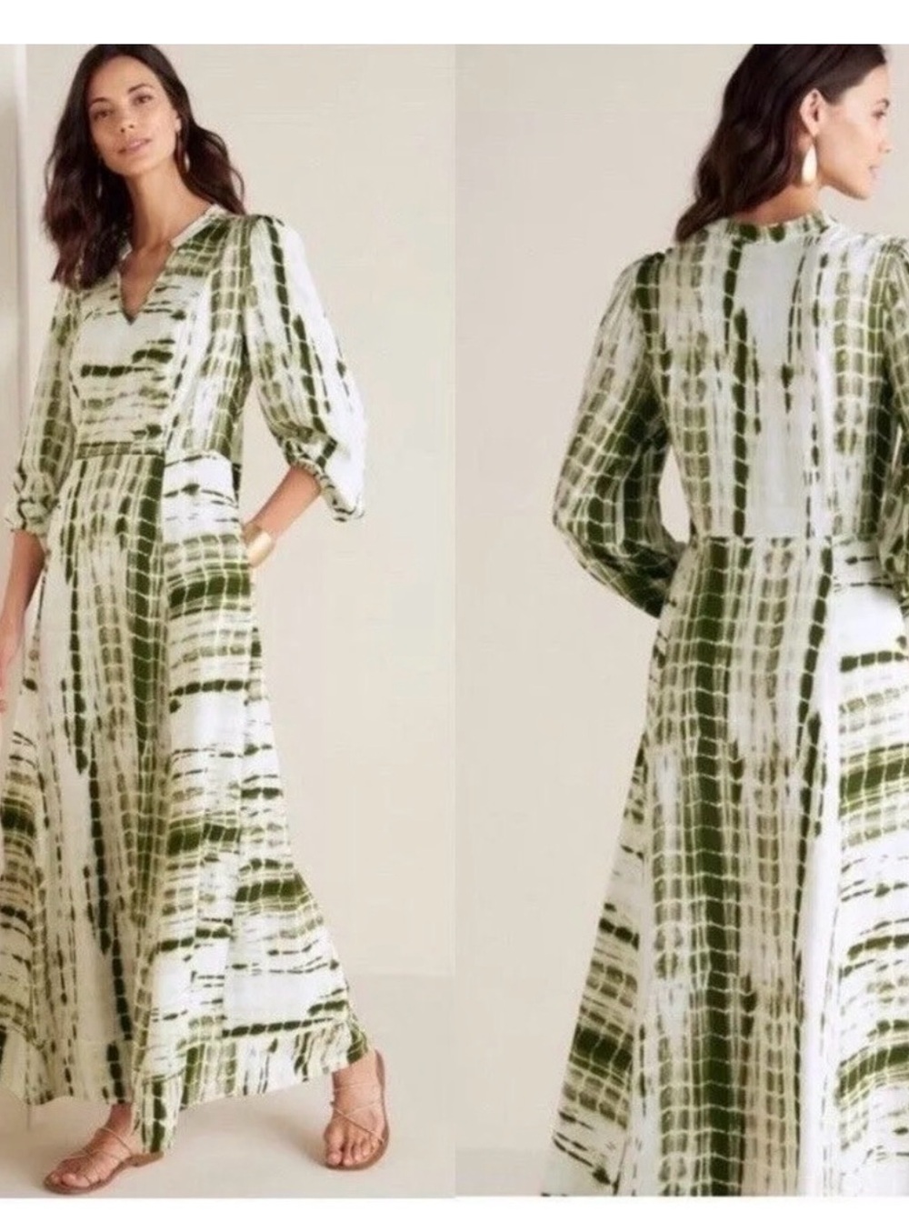 Soft Surroundings Sz M Green & White Tie-Dye Tropical Vacation Dress